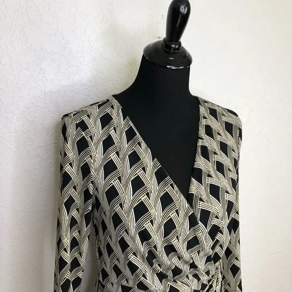 WHBM cream black art deco geometric faux wrap midi dress size 6